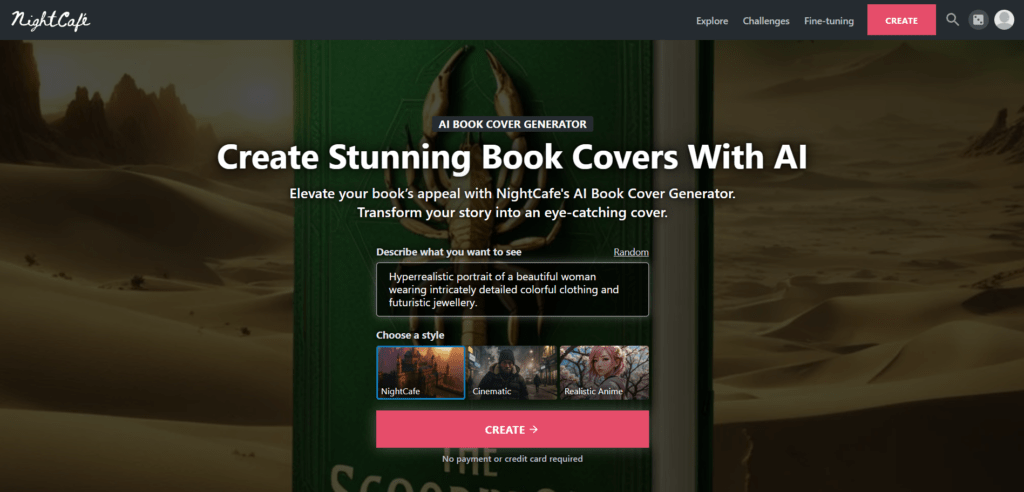 nightcafe AI book cover generator